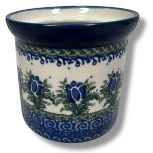 Polish Pottery Unikat 392 Jar 4.5" Blue Tulip Motif Round Decorative Stoneware